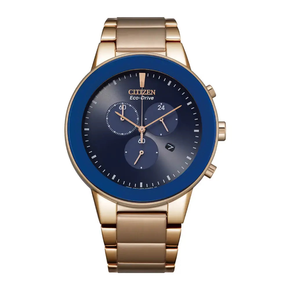 Citizen Eco Drive Chronograph AT2243-87L Blue Dial Two Tone Rose Gold 43mm Stainless Steel Men's Watch