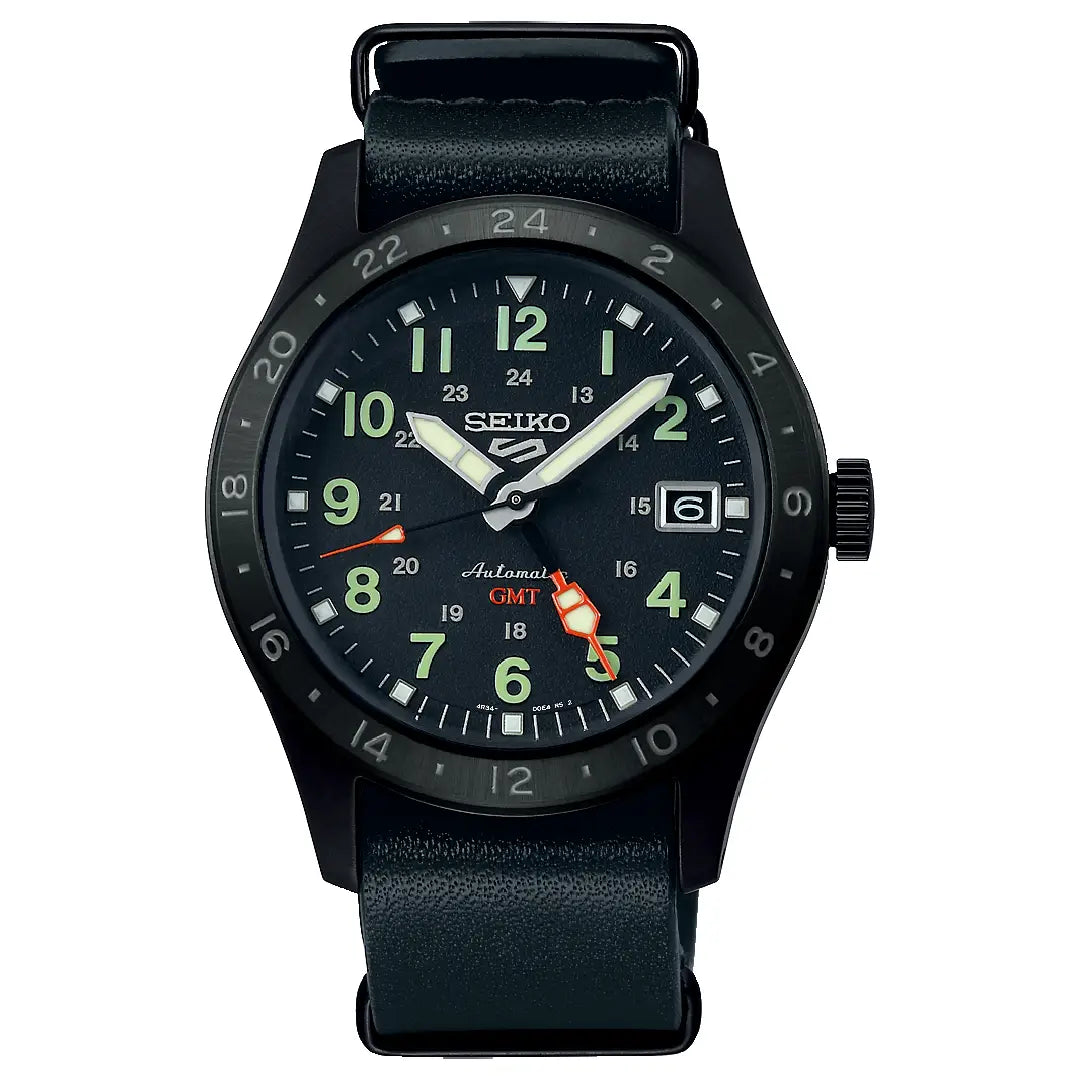 Seiko 5 Sports SSK025K1 Automatic GMT "Deception" Black Dial 39.4mm Leather Strap Men's Watch