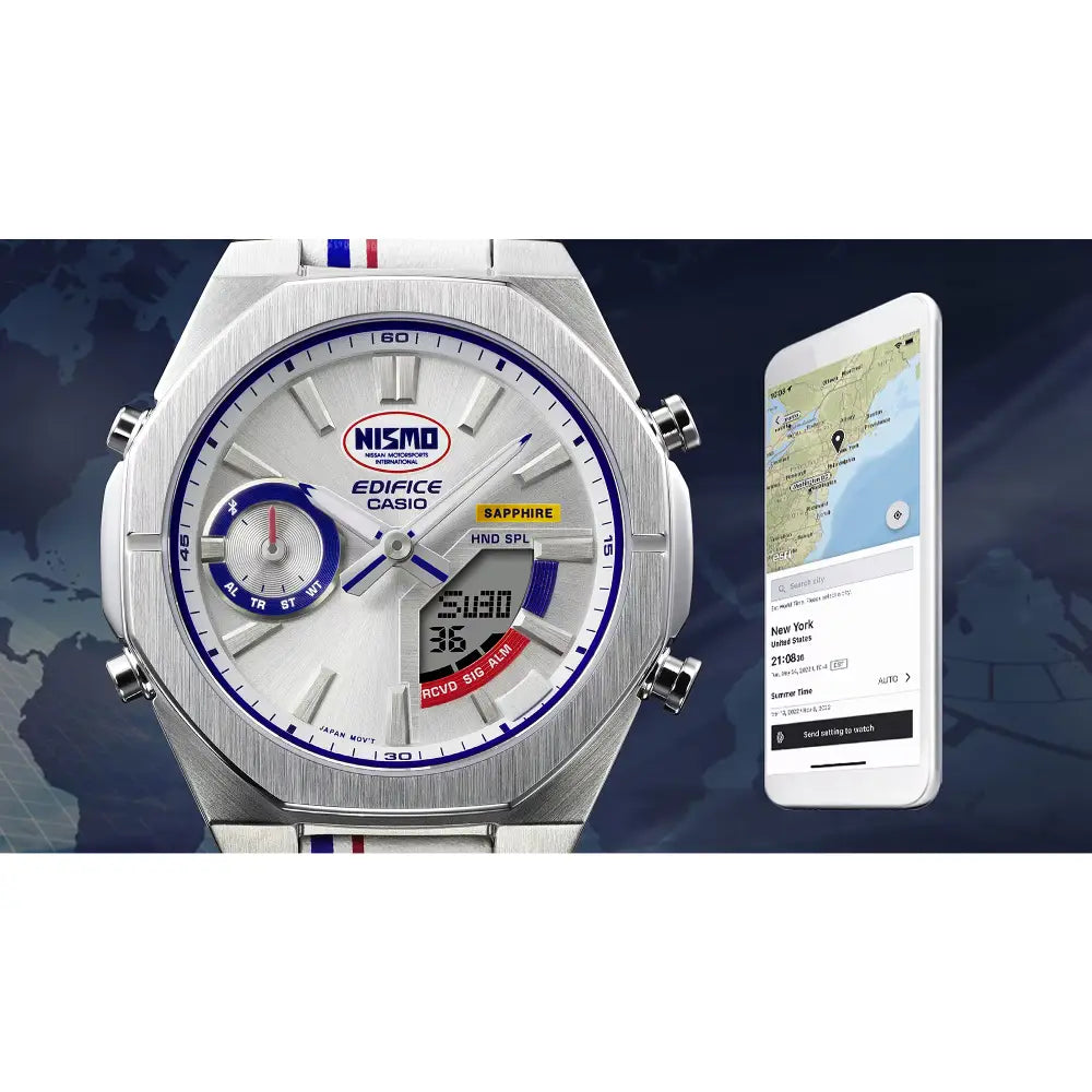 Casio Edifice Limited Edition "NISMO Heritage" ECB-S10NIS-7 Analog-Digital Solar Bluetooth White Dial 43mm Leather Strap Men's Watch