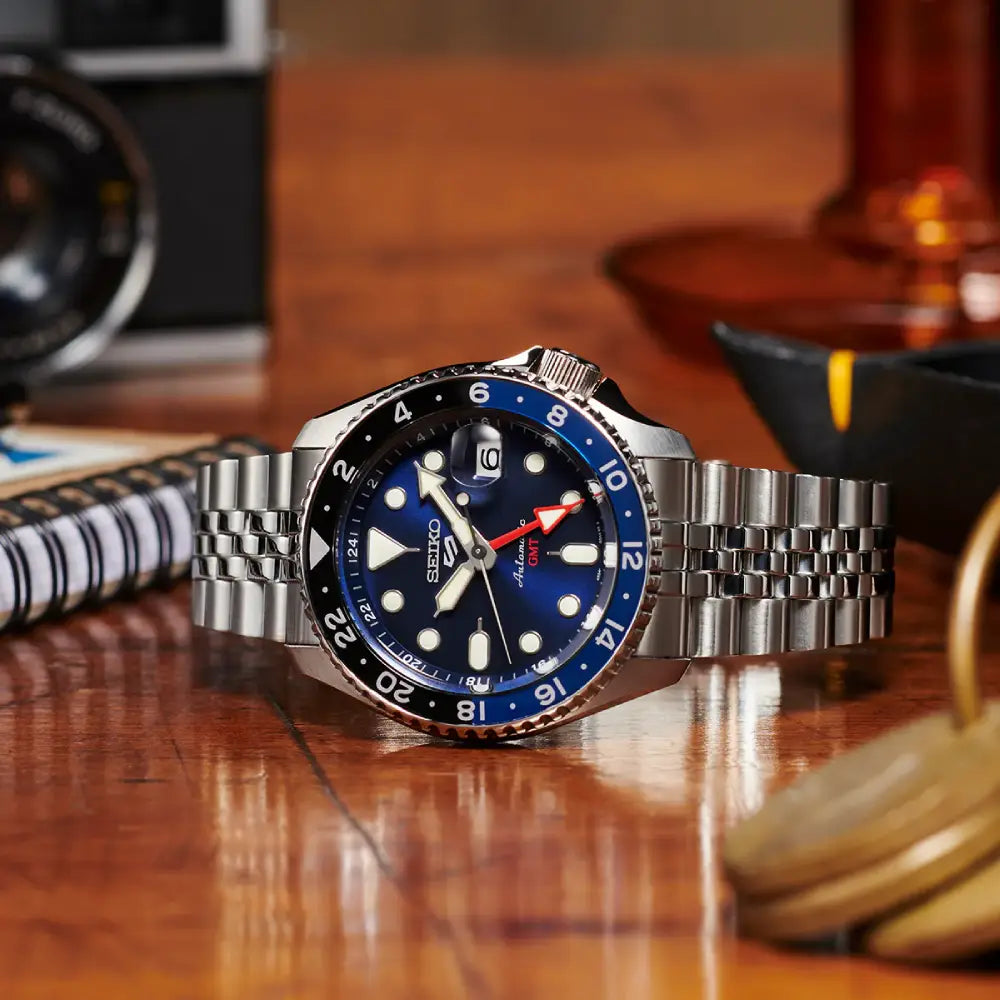 Seiko 5 Sports SBSC003 (SSK003) Automatic GMT "Batman" Blue Dial 42.5mm Stainless Steel Men's Watch