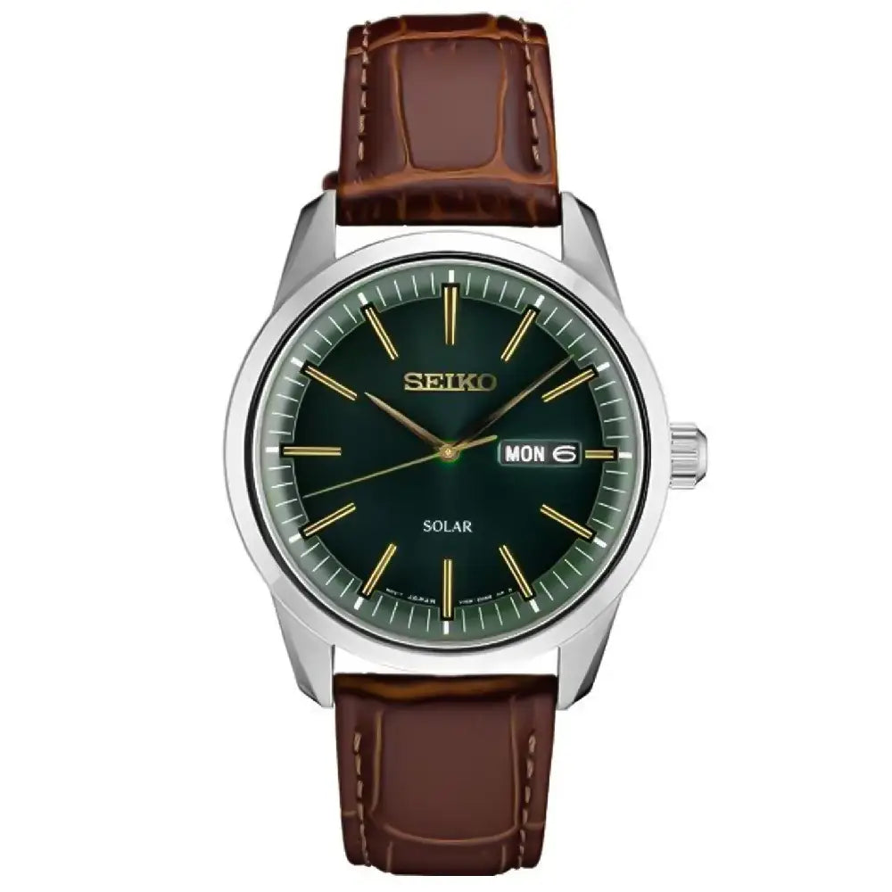 Seiko Solar SNE529P1 Quartz Day-Date Green Dial 40mm Leather Strap Men's Watch