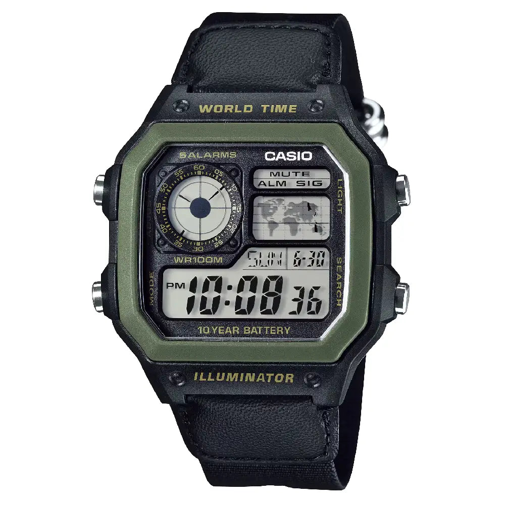 Casio World Time Digital AE-1200WHB-1BVDF Grey/Black Dial Digital and Analog Fabric Strap Men's Watch