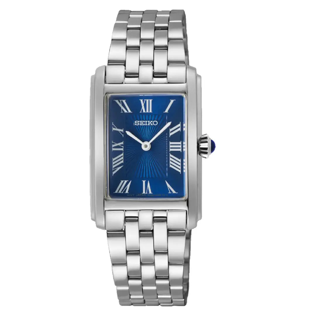 Seiko Essentials SWR085P1 (Seiko Tank) Rectangular Case Blue Dial & Roman Numerals 22.2mm Stainless Steel Women's Watch