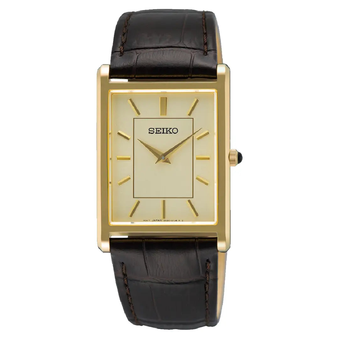 Seiko Conceptual  SWR106P1 (Seiko Tank) Rectangular Case Champagne Dial 27.2mm Leather Strap Men's Watch