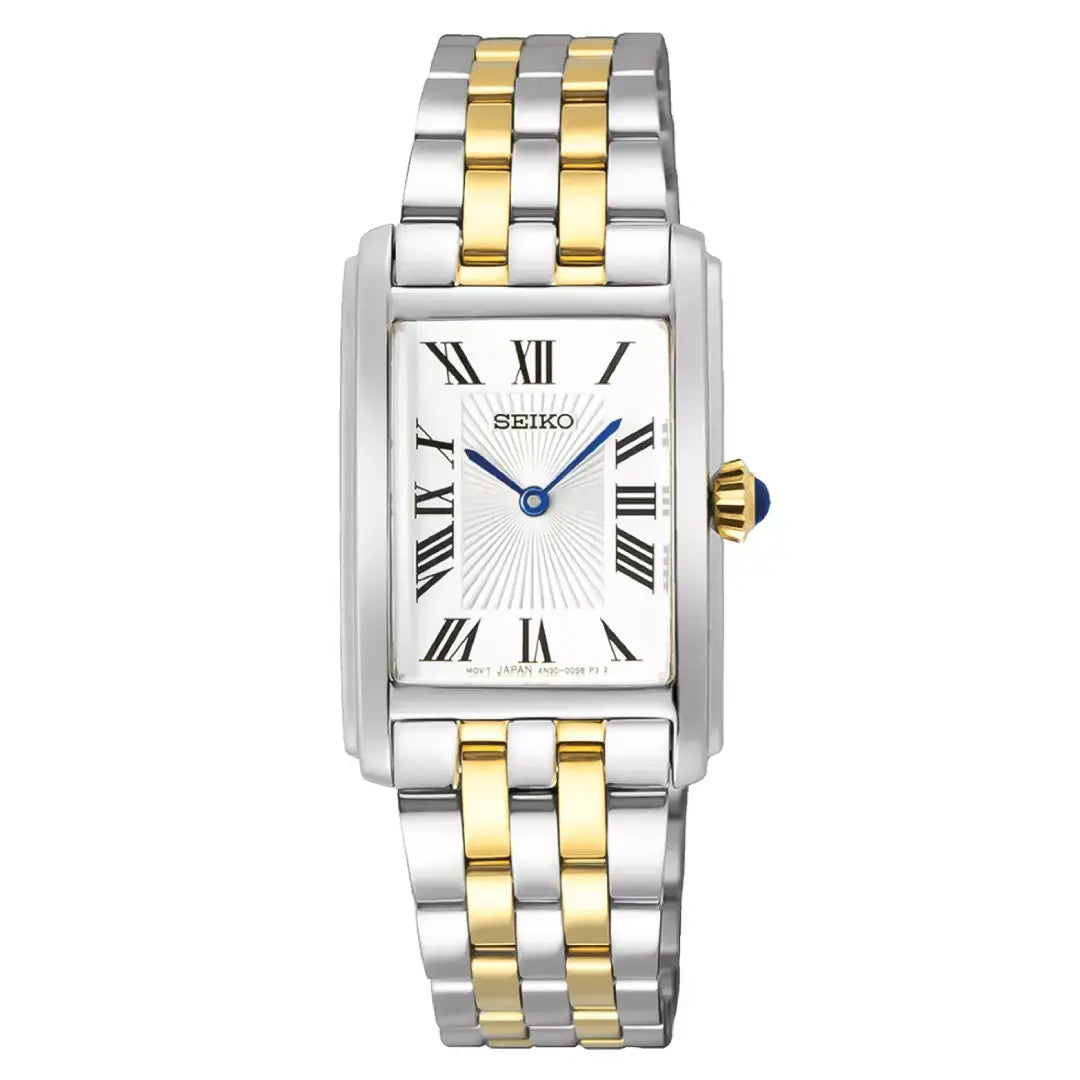 Seiko Essentials SWR087P1 (Seiko Tank) Two-Tone Rectangular White Dial with Blue Hands 22.2mm Stainless Steel Women's Watch