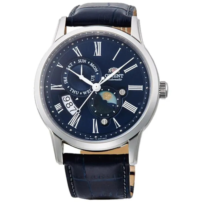 Orient RA-AK0011D Sun & Moon Automatic Blue Dial 42.5mm Leather Strap Men's Watch