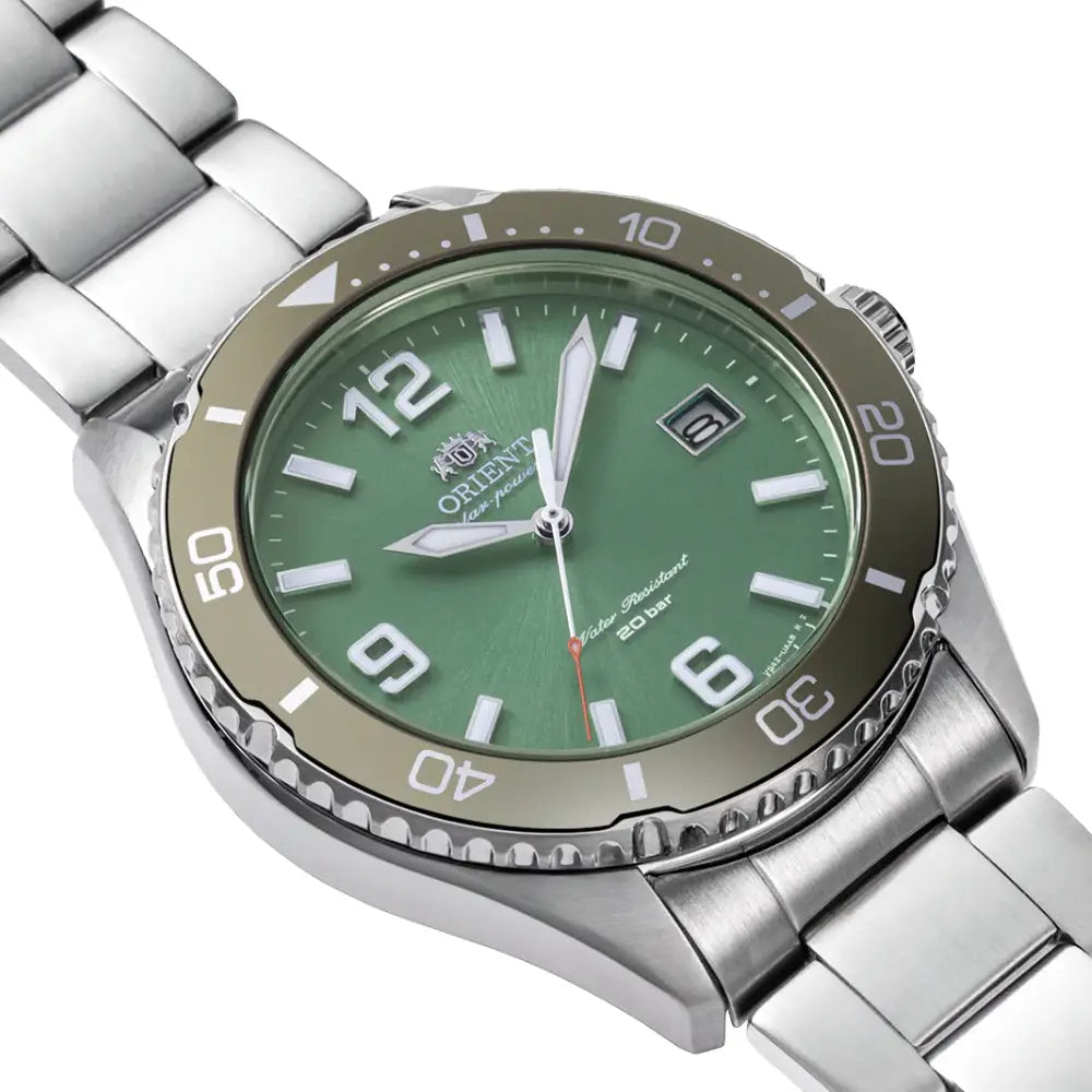 Orient Sports Solar Quartz RA-WJ0001E10B Green Dial 39.9mm Stainless Steel Bracelet Men's Watch