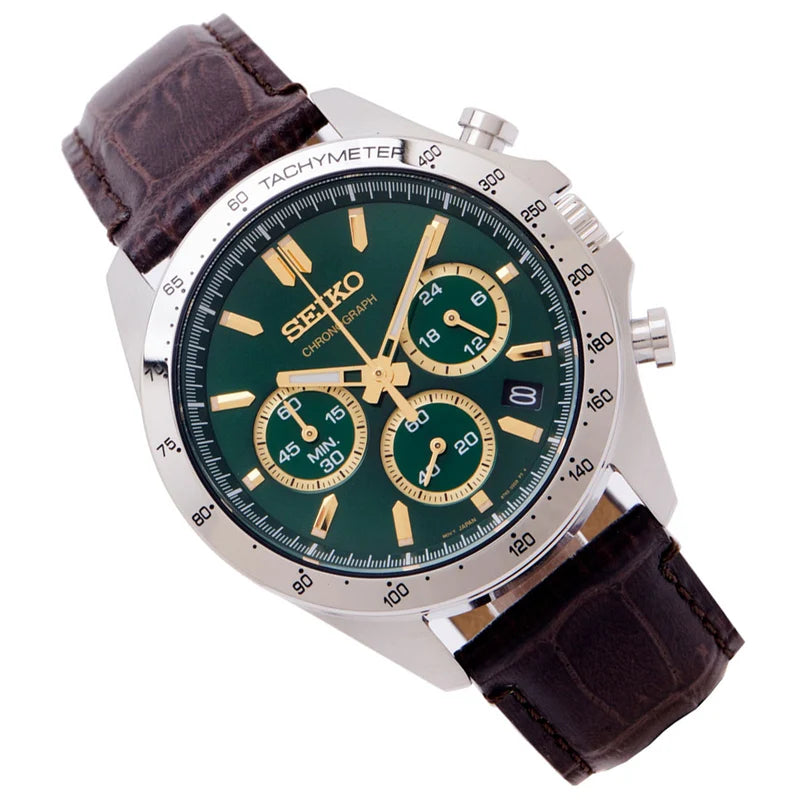 Seiko Spirit Chronograph SBTR017 Green Dial 39.8mm Leather Strap Men's Watch