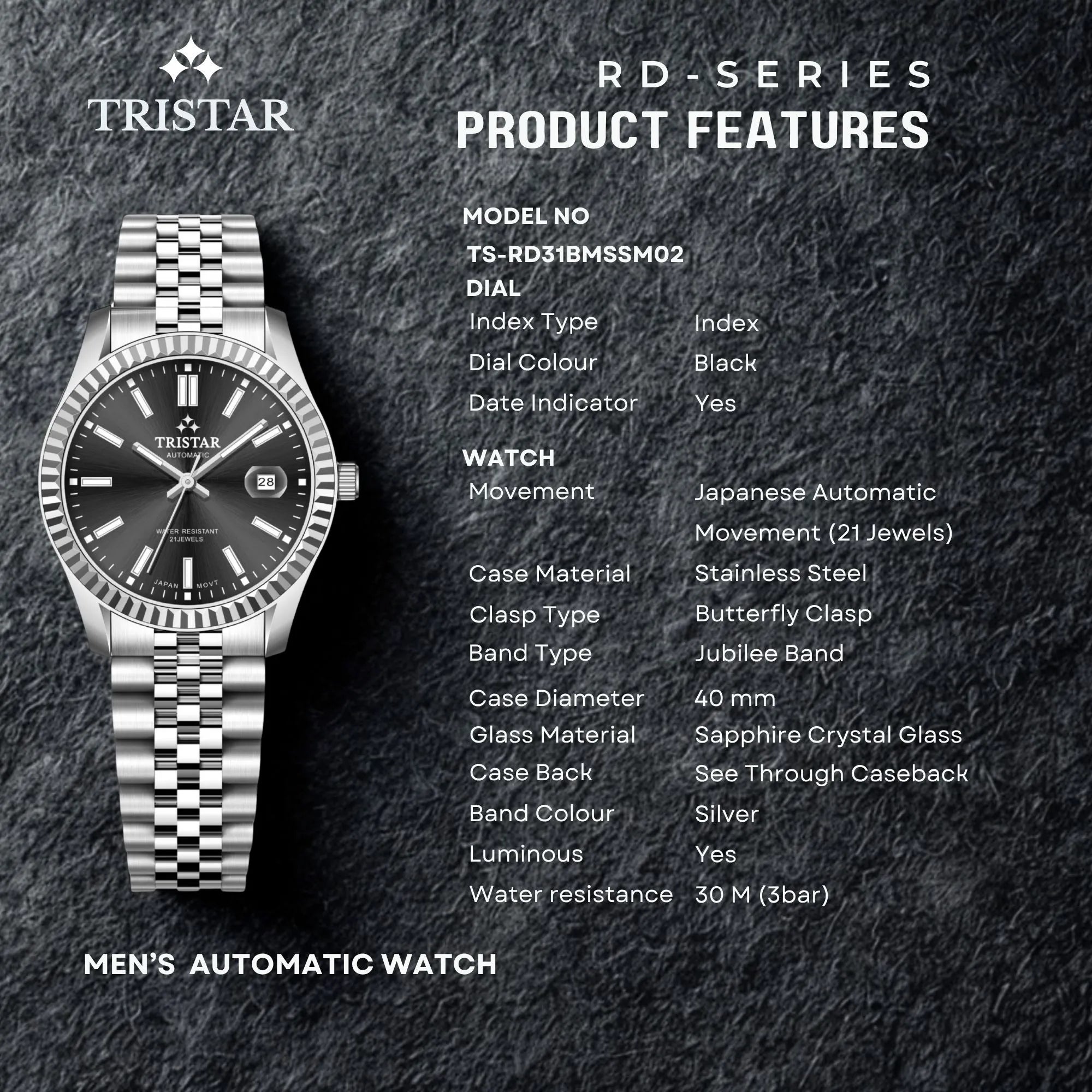 Tristar RD-Series Automatic Black Dial 40mm Stainless Steel Men's Watch - RD31BMSSM02