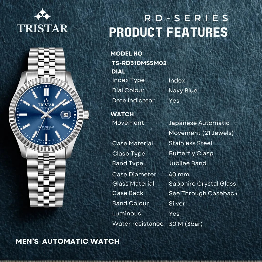 Tristar RD-Series Automatic Navy Blue Dial 40mm Stainless Steel Men's Watch - RD31DMSSM02
