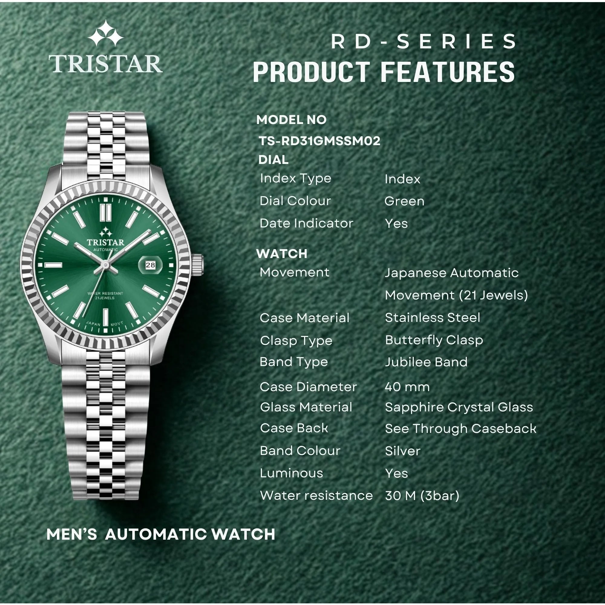 Tristar RD-Series Automatic Green Dial 40mm Stainless Steel Men's Watch - RD31GMSSM02