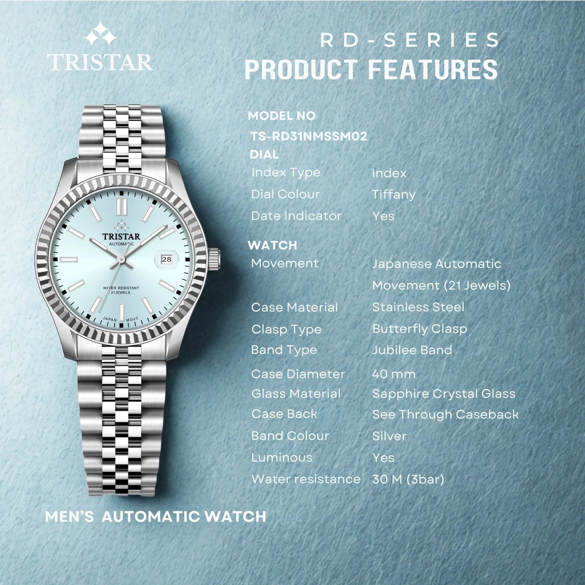 Tristar RD-Series Automatic Tiffany Dial 40mm Stainless Steel Men's Watch - RD31NMSSM02