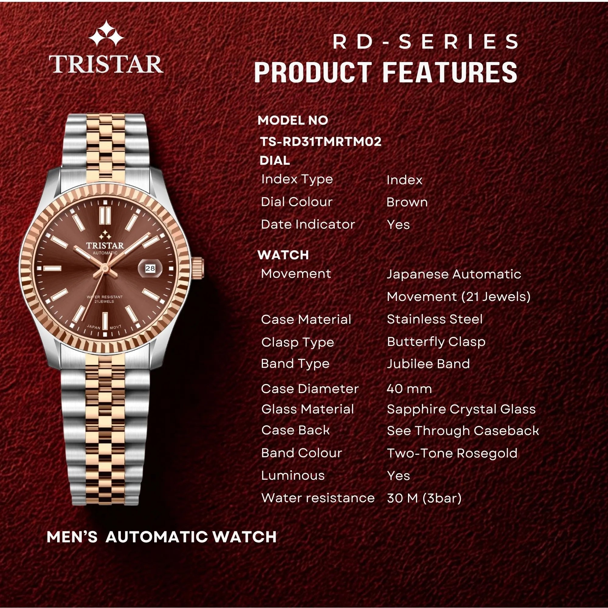 Tristar RD-Series Automatic Brown Dial 40mm Stainless Steel Men's Watch - RD31TMRTM02