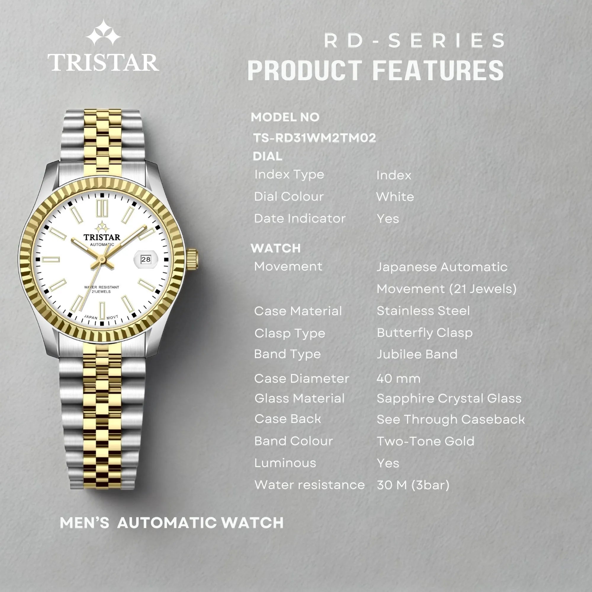 Tristar RD-Series Automatic White Dial 40mm Stainless Steel Men's Watch - RD31WM2TM02