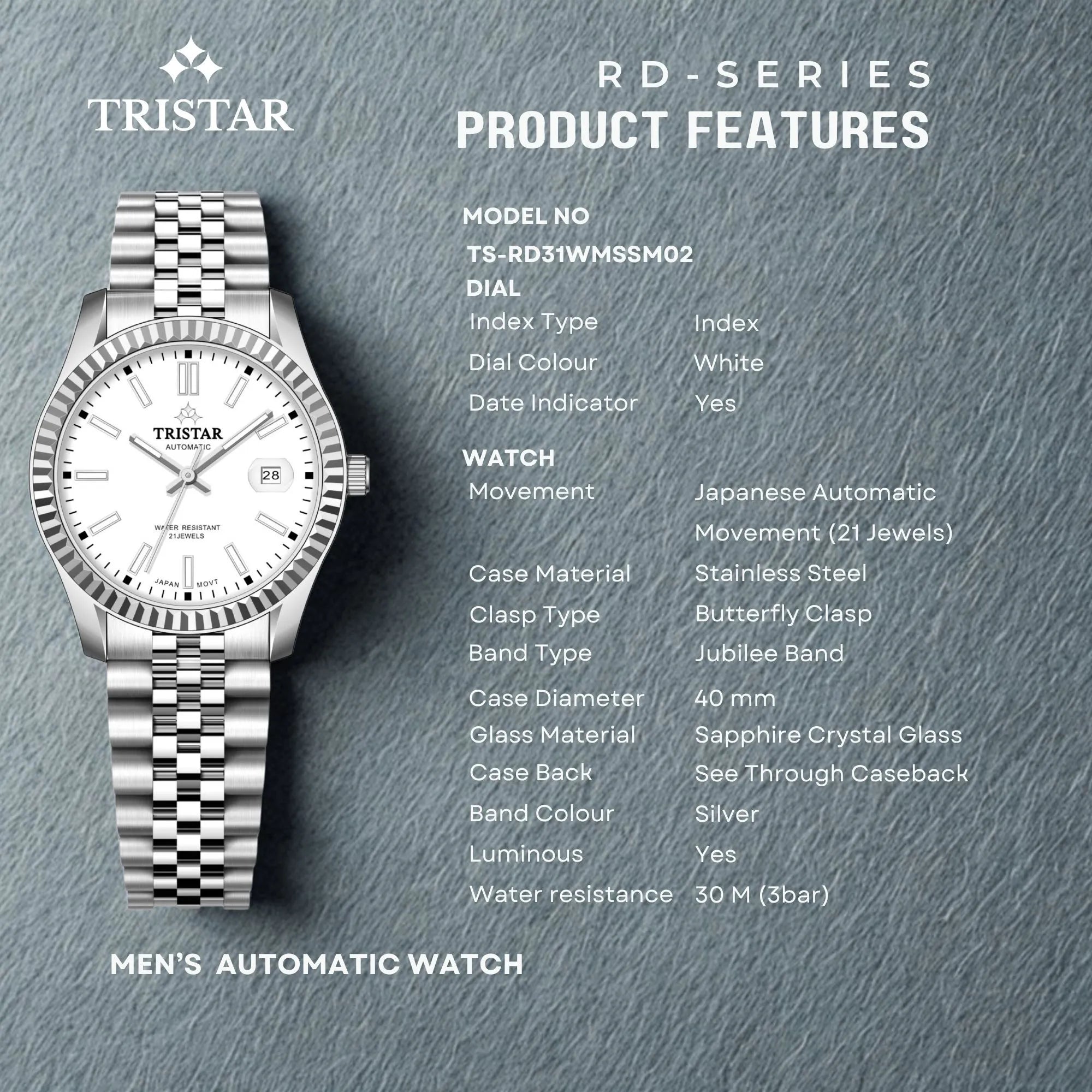 Tristar RD-Series Automatic White Dial 40mm Stainless Steel Men's Watch - RD31WMSSM02
