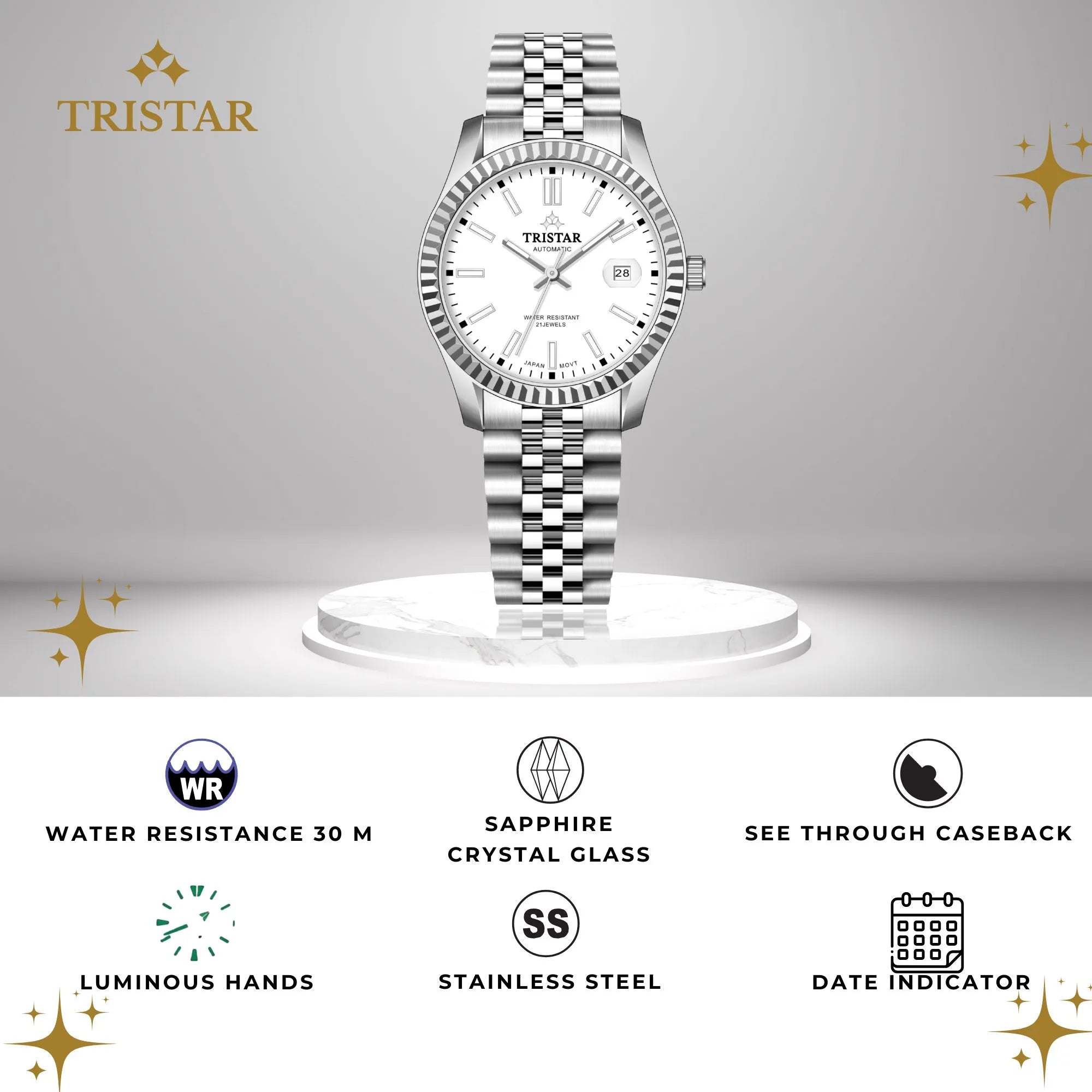Tristar RD-Series Automatic White Dial 40mm Stainless Steel Men's Watch - RD31WMSSM02