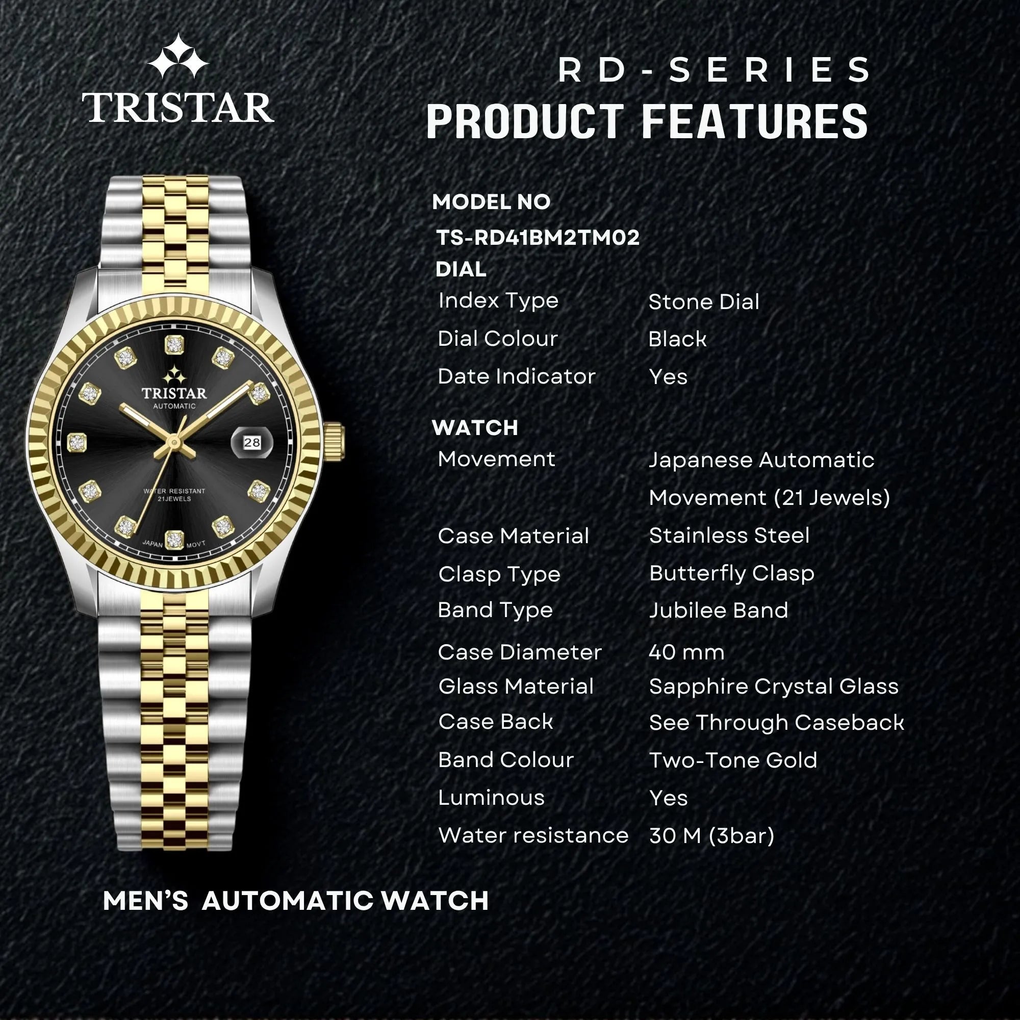 Tristar RD-Series Automatic Black Stone Dial 40mm Stainless Steel Men's Watch - RD41BM2TM02