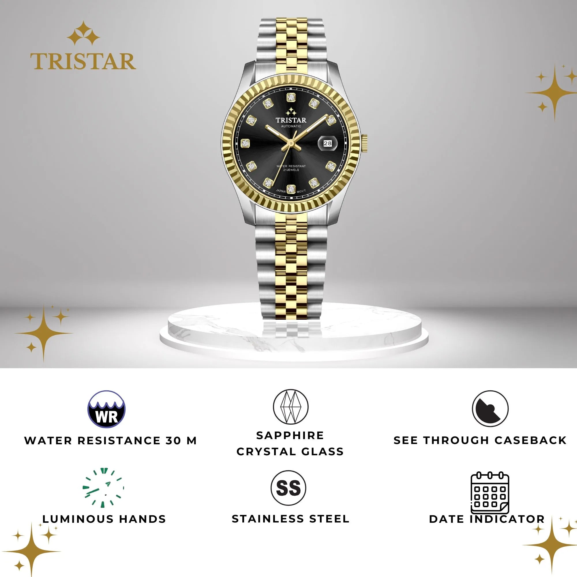 Tristar RD-Series Automatic Black Stone Dial 40mm Stainless Steel Men's Watch - RD41BM2TM02