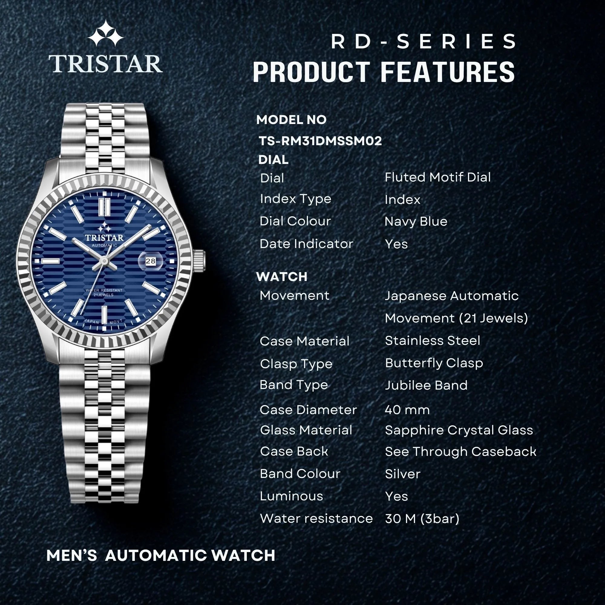 Tristar Automatic Fluted Motif Navy Blue Dial 40mm Stainless Steel Men's Watch -  RM31DMSSM02