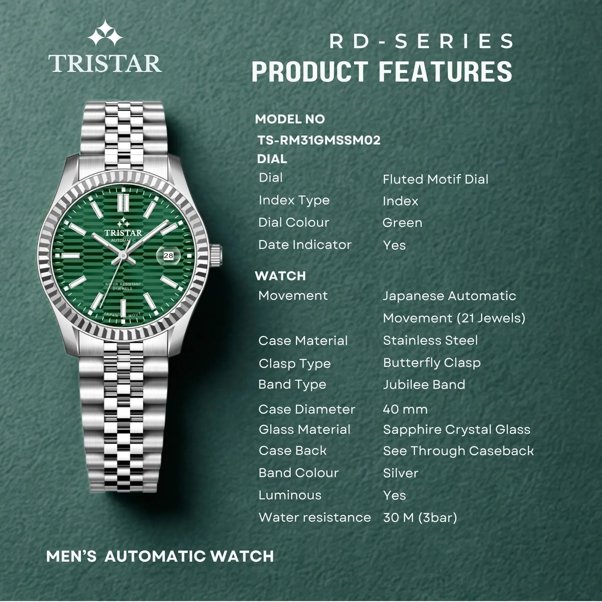 Tristar Automatic Fluted Motif Green Dial 40mm Stainless Steel Men's Watch - RM31GMSSM02