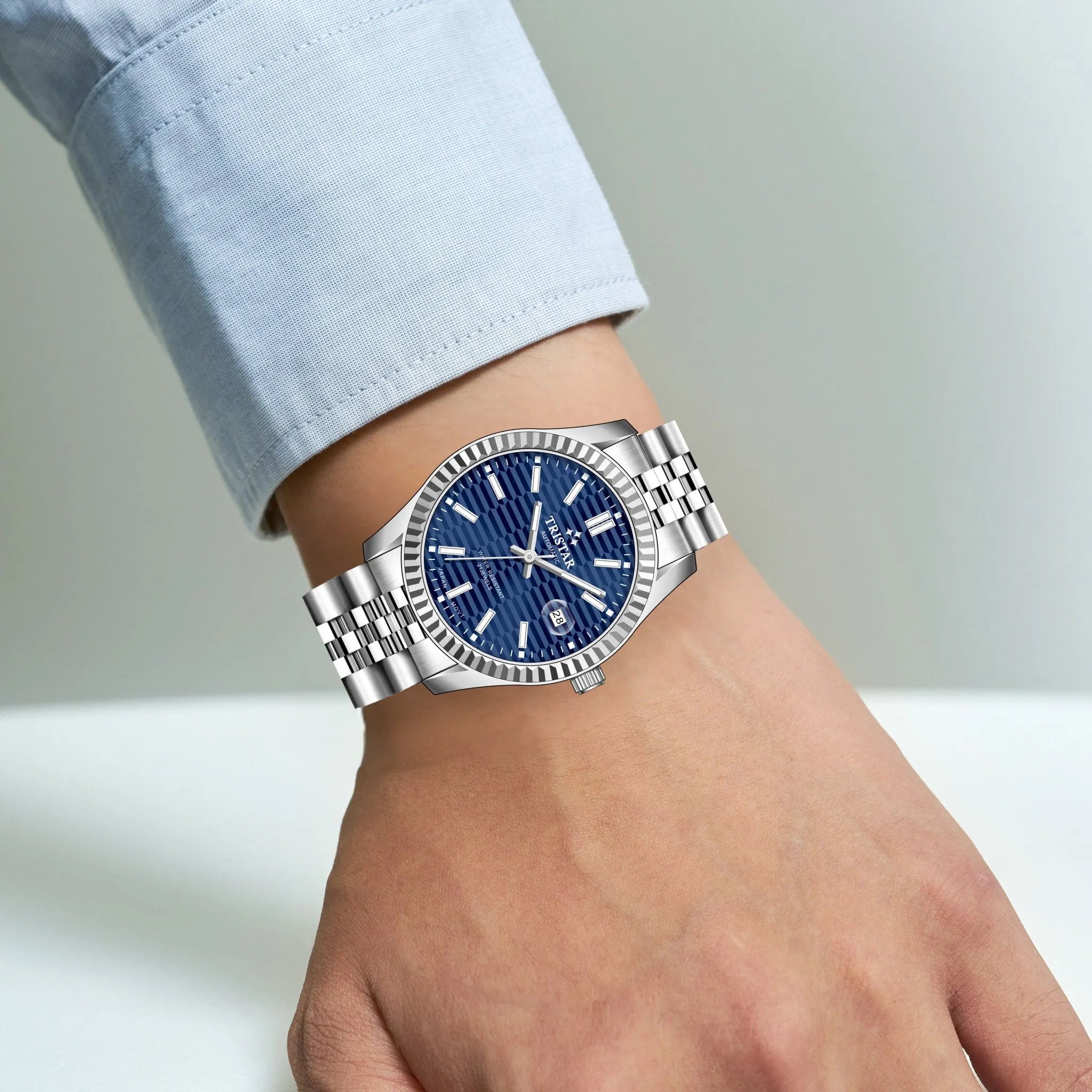Tristar Automatic Fluted Motif Navy Blue Dial 40mm Stainless Steel Men's Watch -  RM31DMSSM02