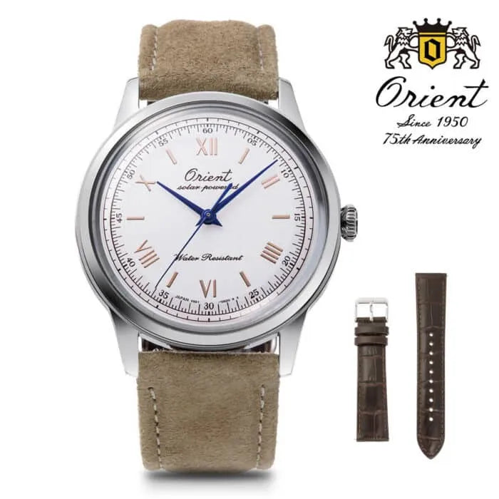 Orient Bambino Solar Powered 75th Anniversary RA-WK0006S Limited Edition White Dial 38.4mm Leather Strap Men's Watch