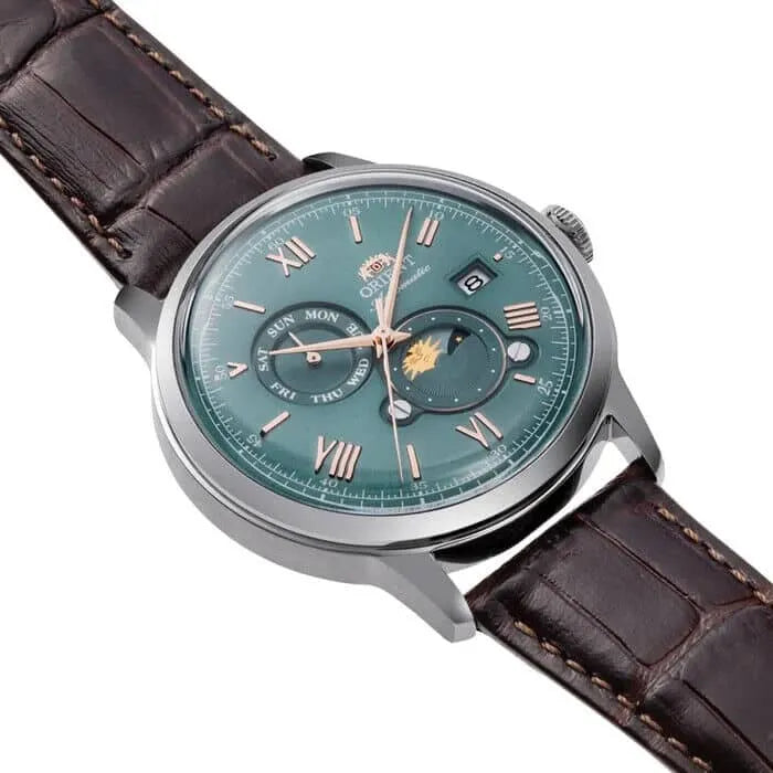 Orient Sun and Moon 75 Anniversary RA-AK0805E Green Dial 41.5mm Leather Strap Men's Watch