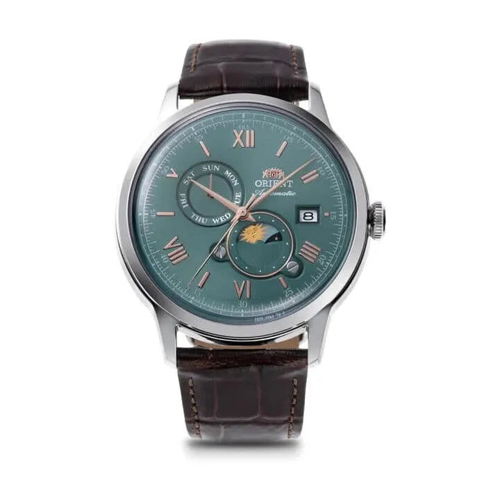 Orient Sun and Moon 75 Anniversary RA-AK0805E Green Dial 41.5mm Leather Strap Men's Watch