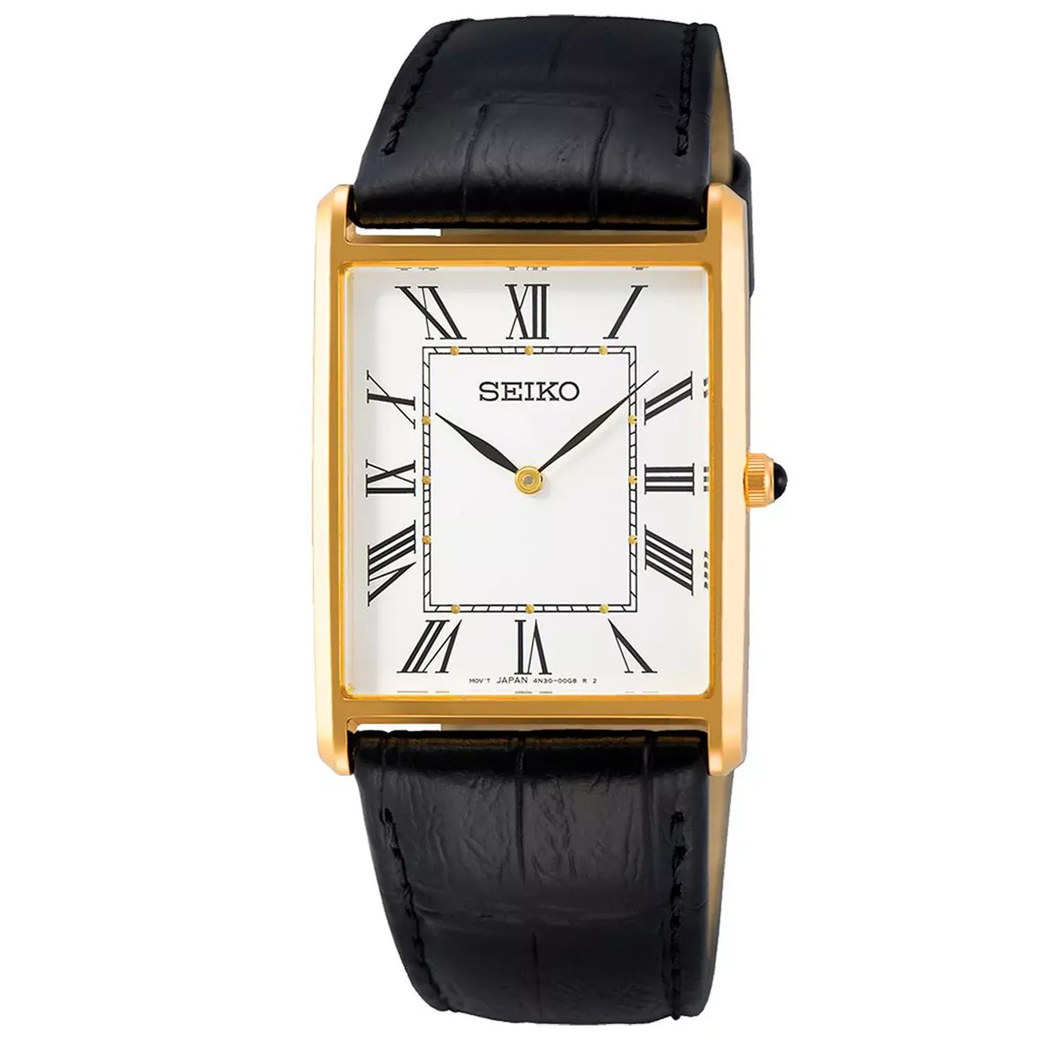 Seiko Essentials SWR052P1 (Seiko Tank) Gold-Tone Rectangular White Dial 27.9mm Leather Strap Men's Watch