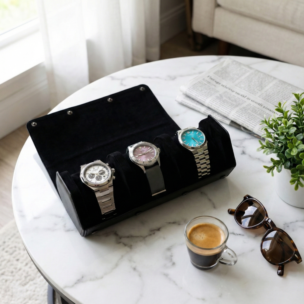 Hexagonal Premium Leather Watch Roll - 3 Slots