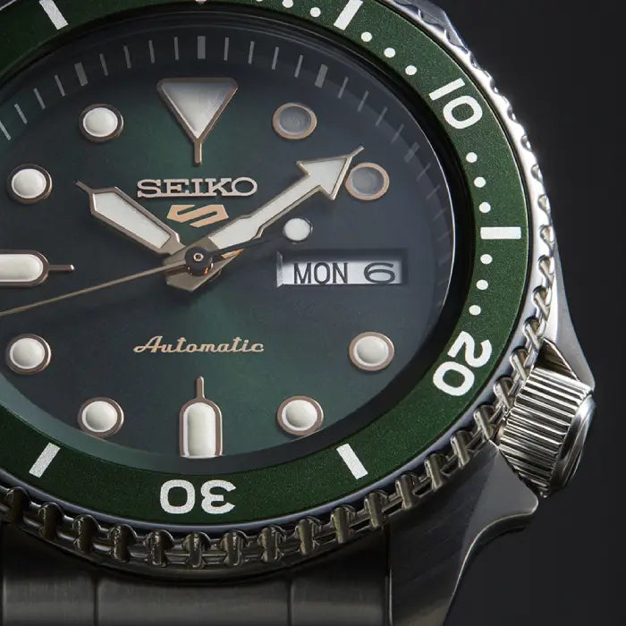 Seiko 5 Sports SBSA013 SRPD63 men's green dial watch close up