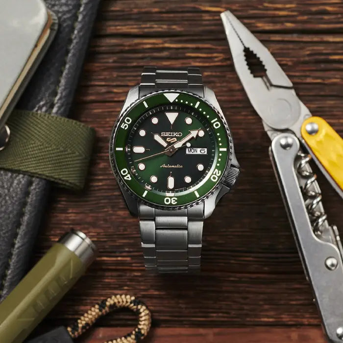 Seiko SBSA013 SRPD63 green dial stainless steel watch front view