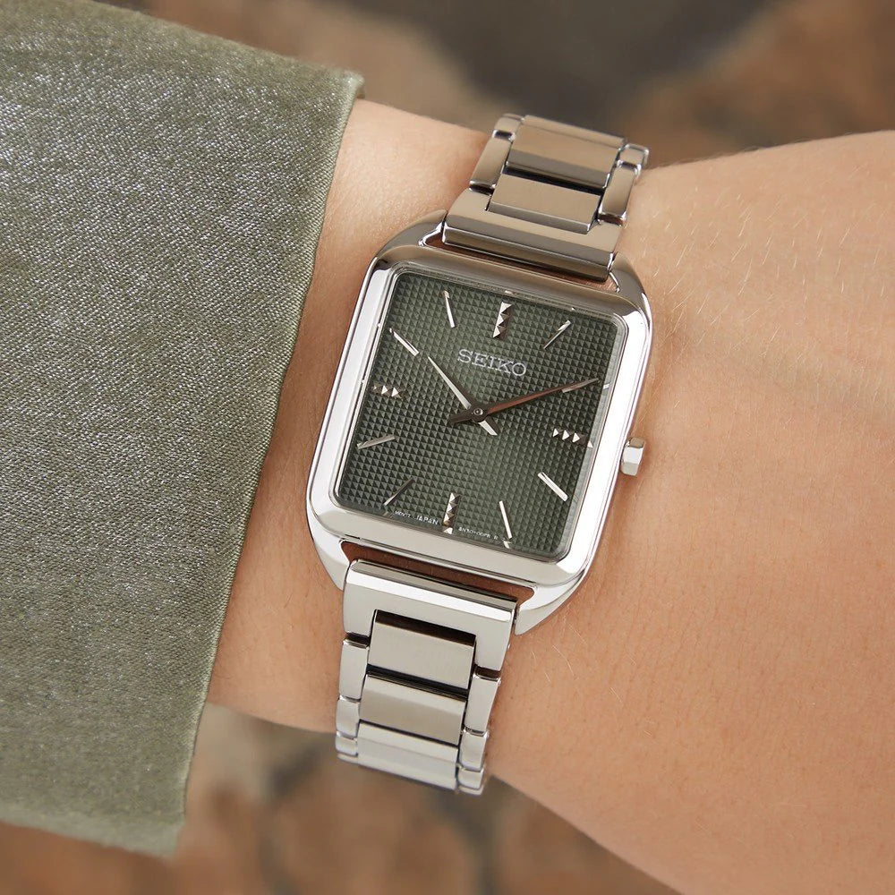 Seiko Essentials SWR075P1 Square Case Green Dial Stainless Steel Women's Watch
