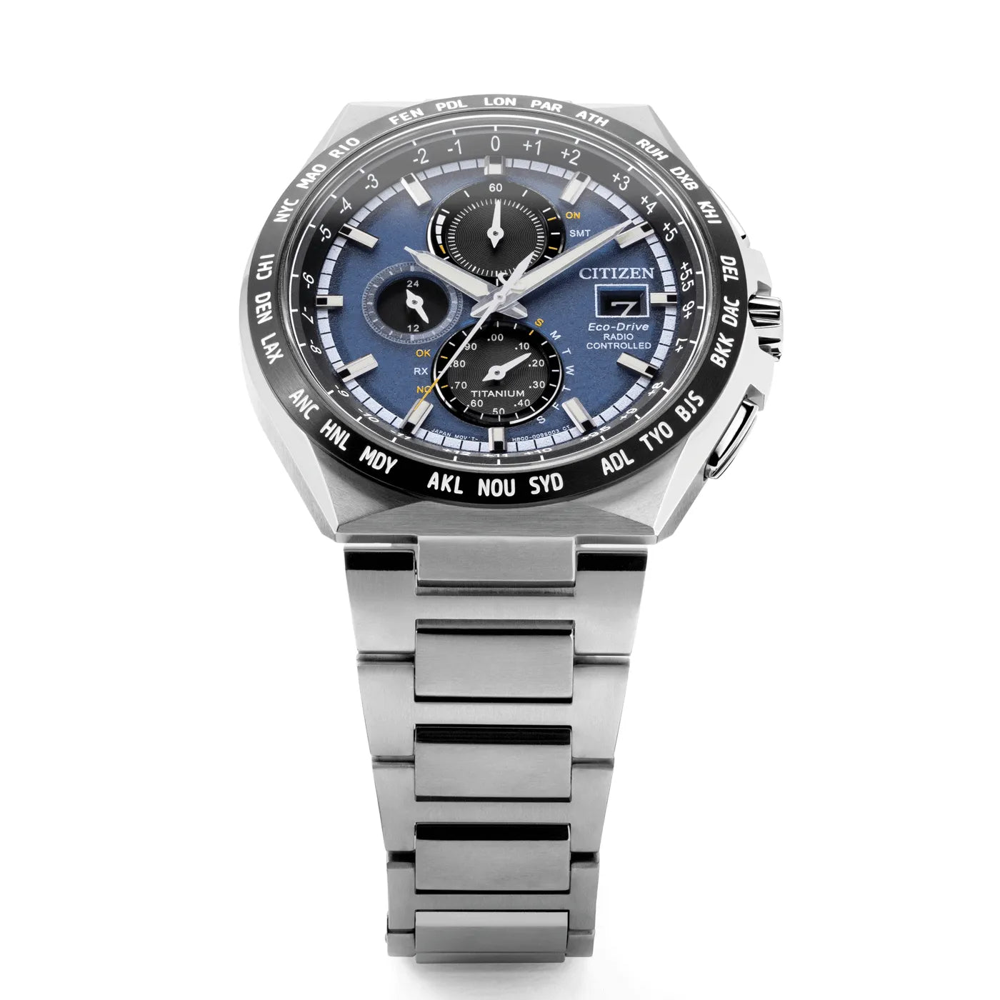 Citizen Eco-Drive Chronograph AT8238-84L Radio-Controlled Blue Dial Titanium Men's Watch