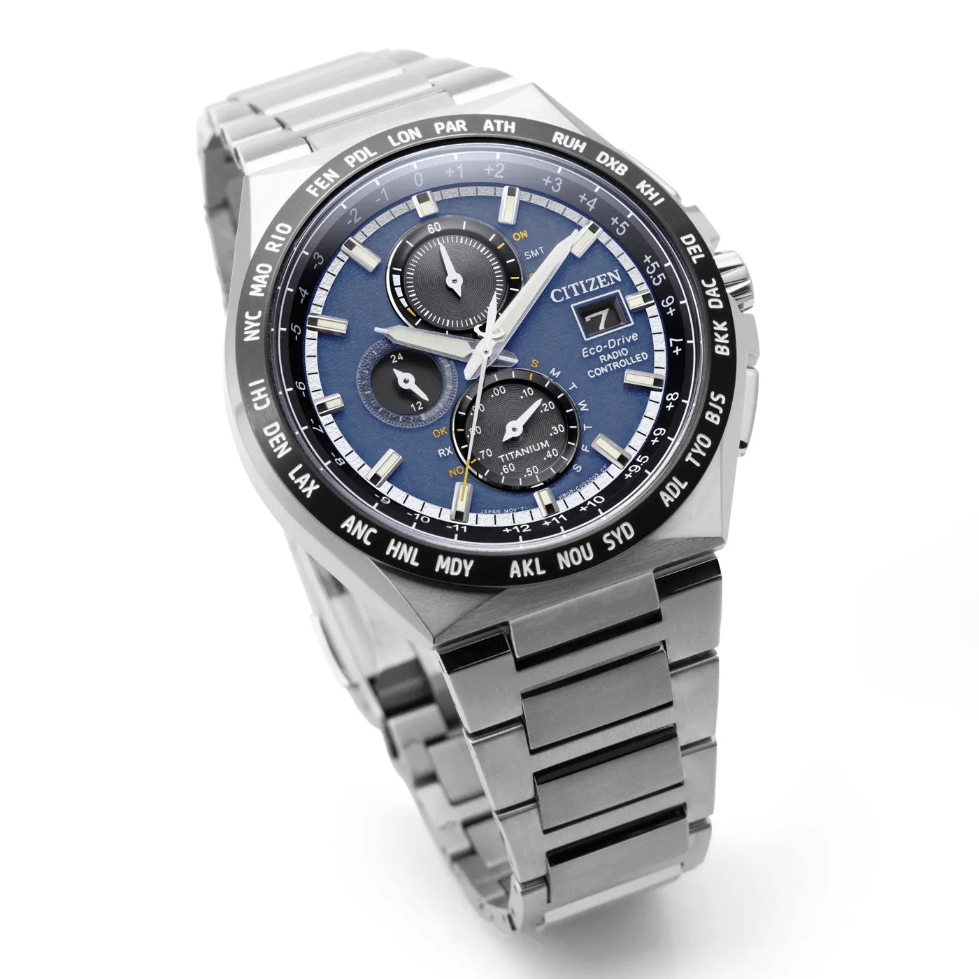 Citizen Eco-Drive Chronograph AT8238-84L Radio-Controlled Blue Dial Titanium Men's Watch