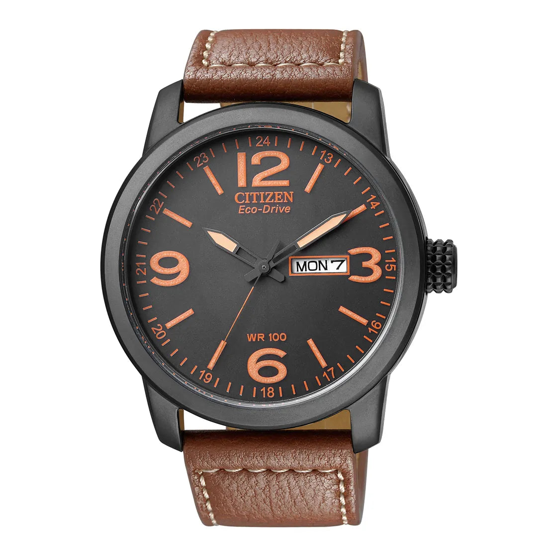 Citizen Eco-Drive BM8475-26E Black & Orange Dial Brown Leather Strap Men's Watch