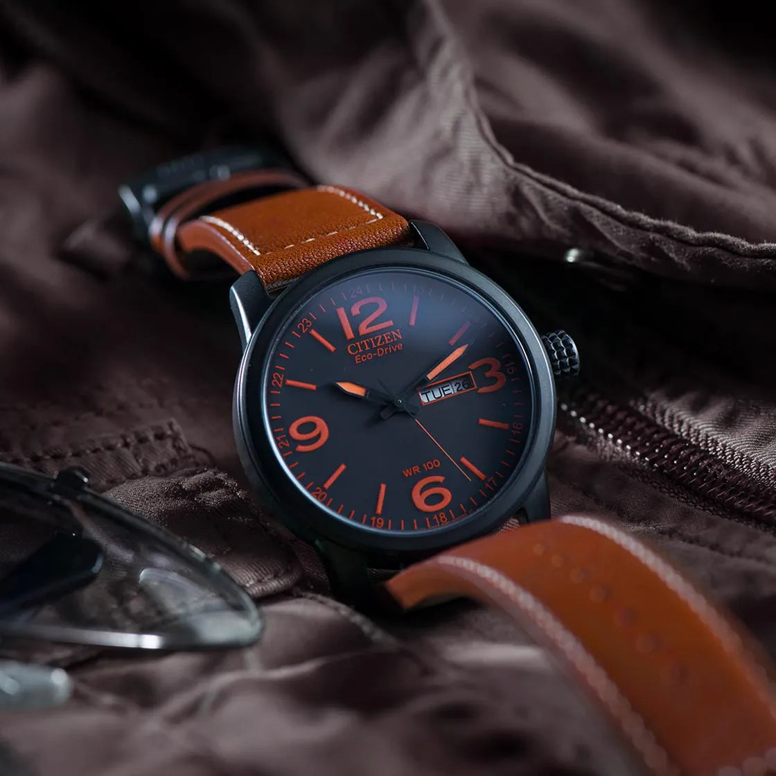 Citizen Eco-Drive BM8475-26E Black & Orange Dial Brown Leather Strap Men's Watch