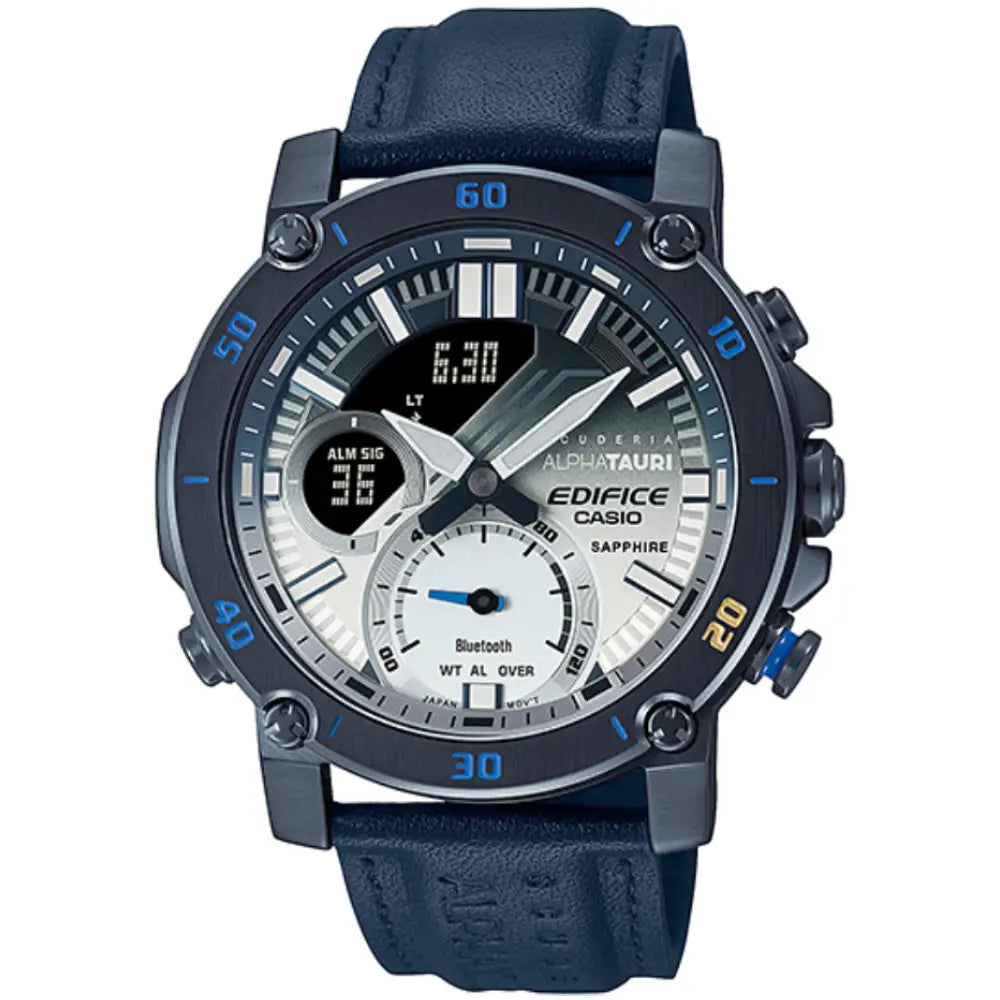 Edifice Smartphone Link ECB-20AT-2ADR White and Navy Blue Dial Leather Strap Men's Watch