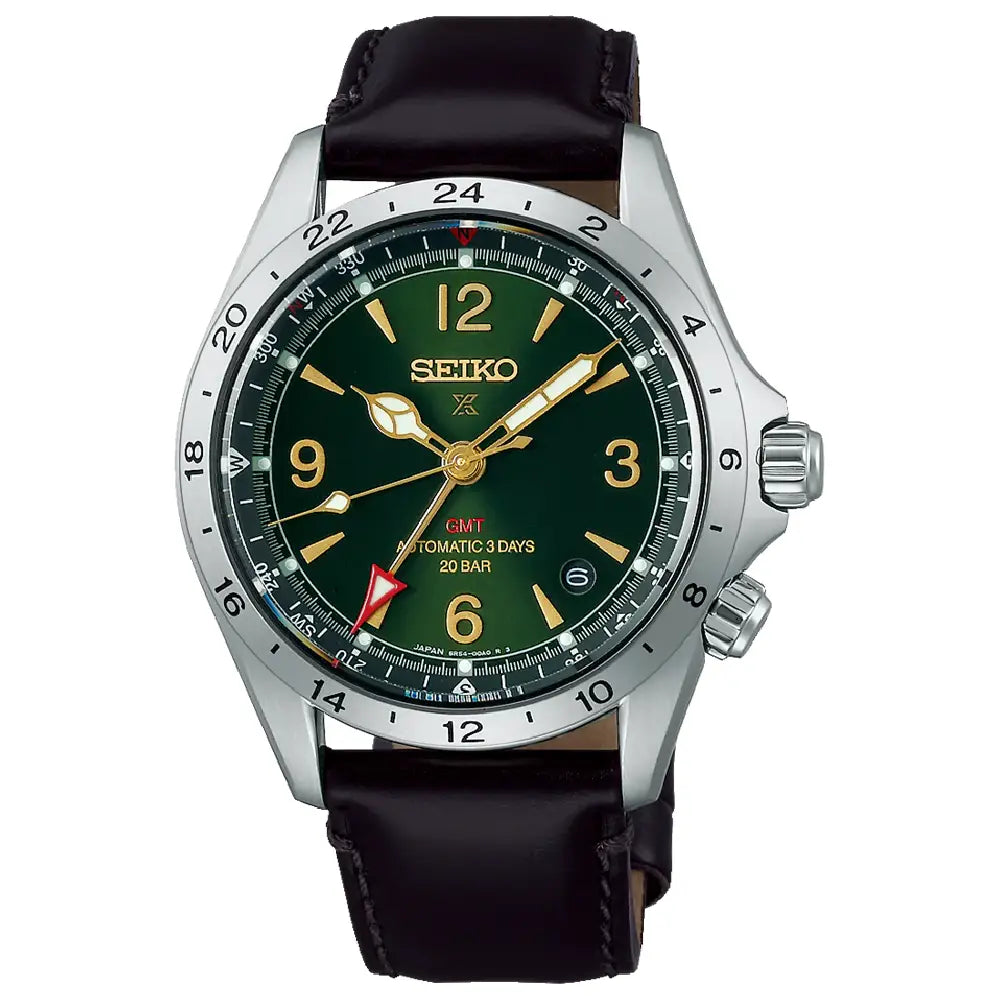 Seiko Prospex SBEJ005 Alpinist GMT green dial men's watch with brown leather strap