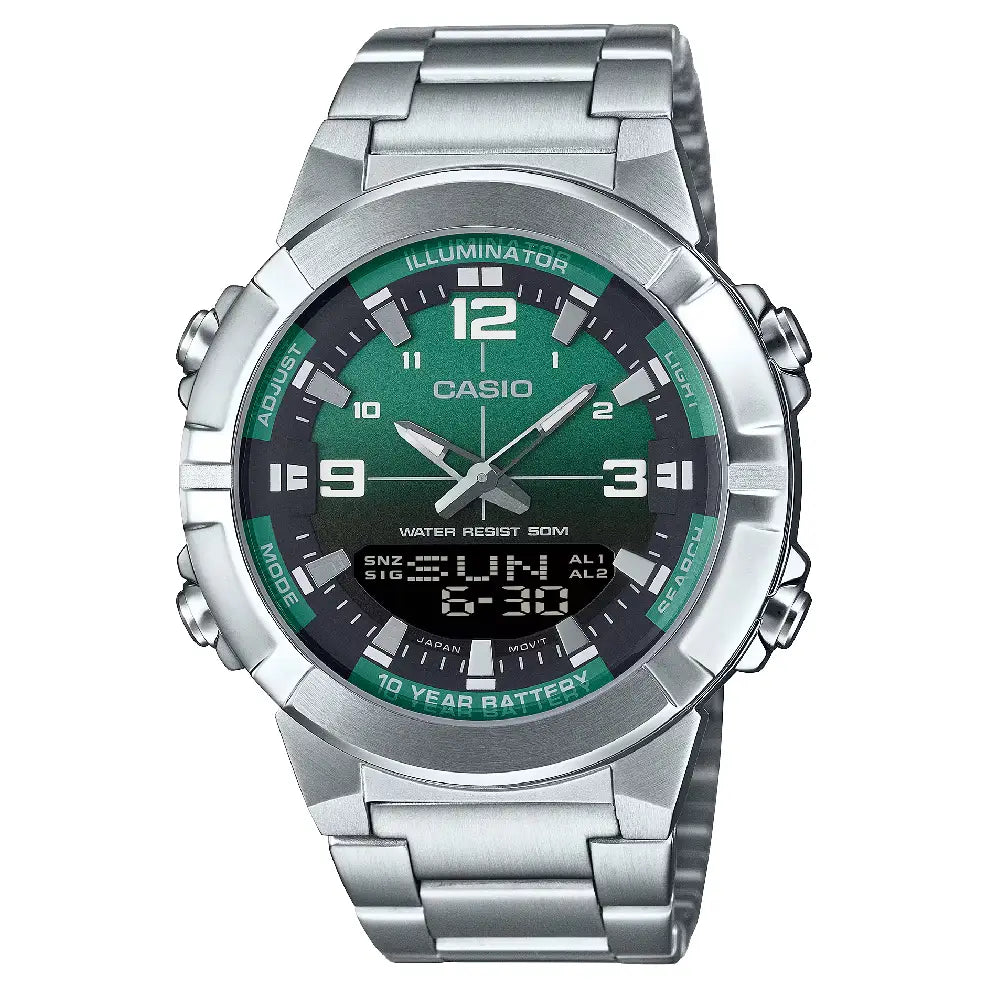 Casio Analog-Digital World Time AMW-870DA-3AVDF Green Dial Stainless Steel Men's Watch