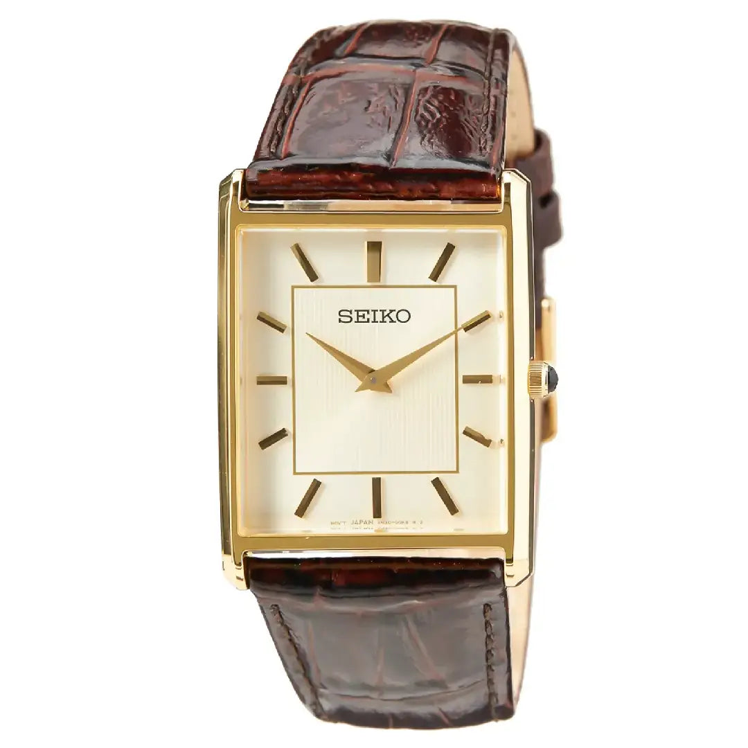 Seiko Essentials SWR064P1 (Seiko Tank) Gold-Tone Rectangular & Champagne Dial Leather Strap Men's Watch