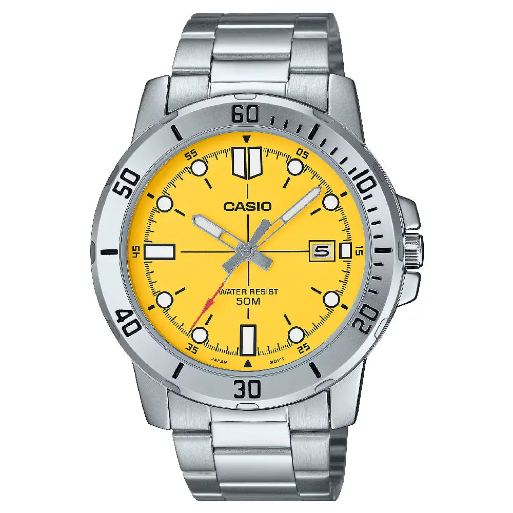 Casio Enticer MTP-VD01D-9EVUDF Date Analog Yellow Dial Stainless Steel Men's Watch