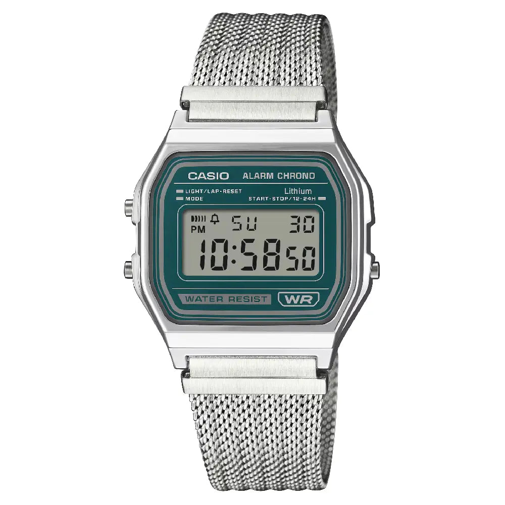 Casio A158WEM-3D vintage mirror green dial 33mm stainless steel digital watch