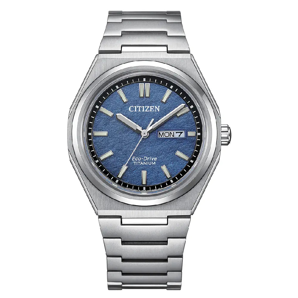 Citizen Zenshin AW0130-85L Eco-Drive Analog Day-Date Blue Dial 39mm Super Titanium Men's Watch