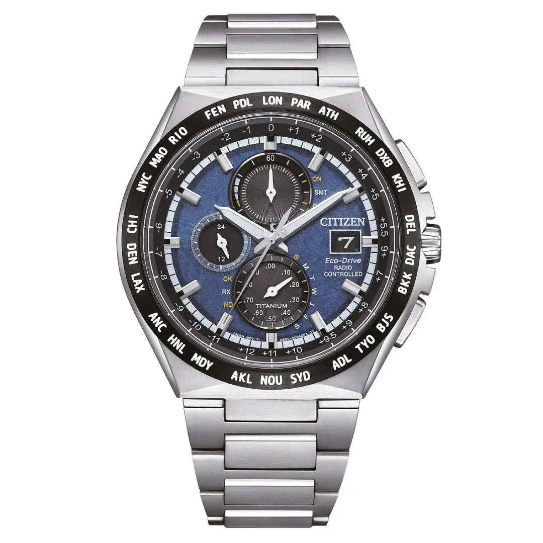 Citizen Eco-Drive Chronograph AT8238-84L Radio-Controlled Blue Dial Titanium Men's Watch