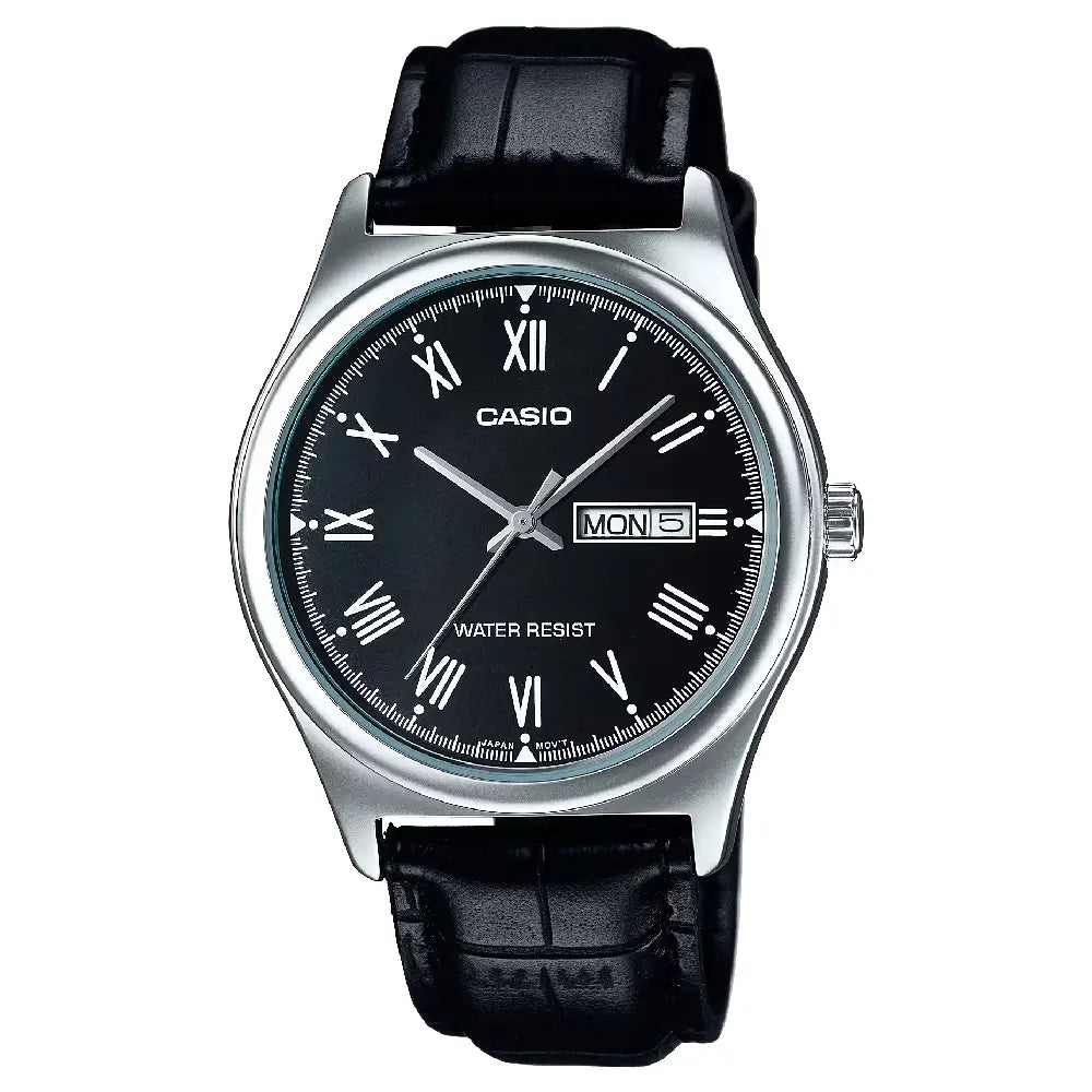 Casio Enticer MTP-V006L-1BUDF Day Date Analog Black Dial Leather Strap Men's Watch