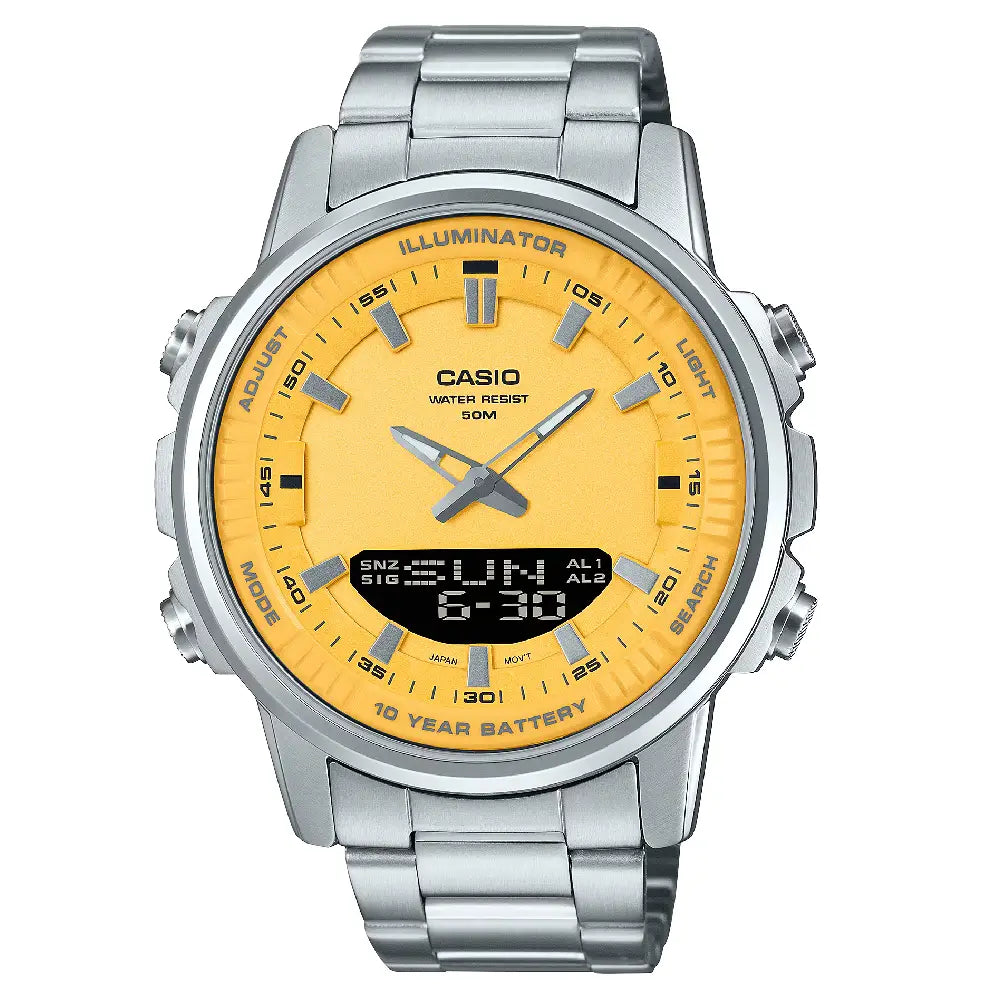 Casio Analog-Digital World Time AMW-880D-9AVDF Yellow Dial Stainless Steel Men's Watch