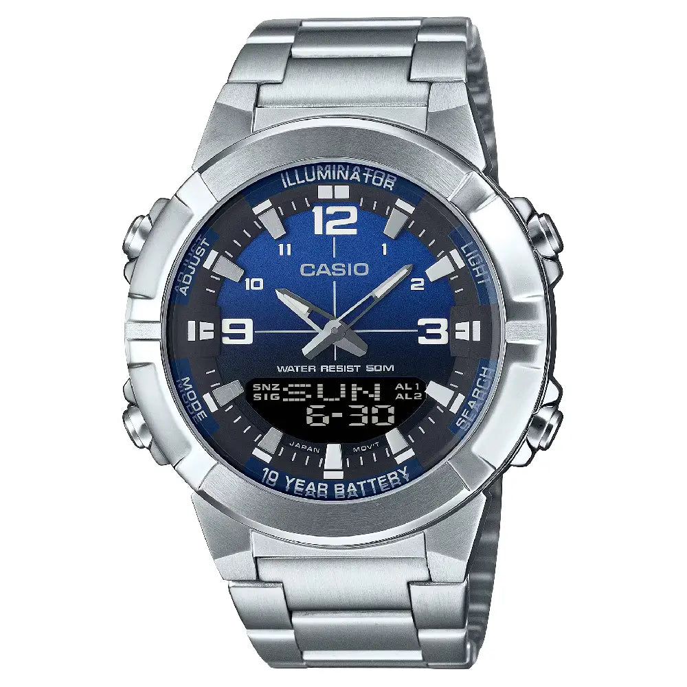 Casio Analog-Digital World Time AMW-870DA-2A1VDF Blue Dial Stainless Steel Men's Watch