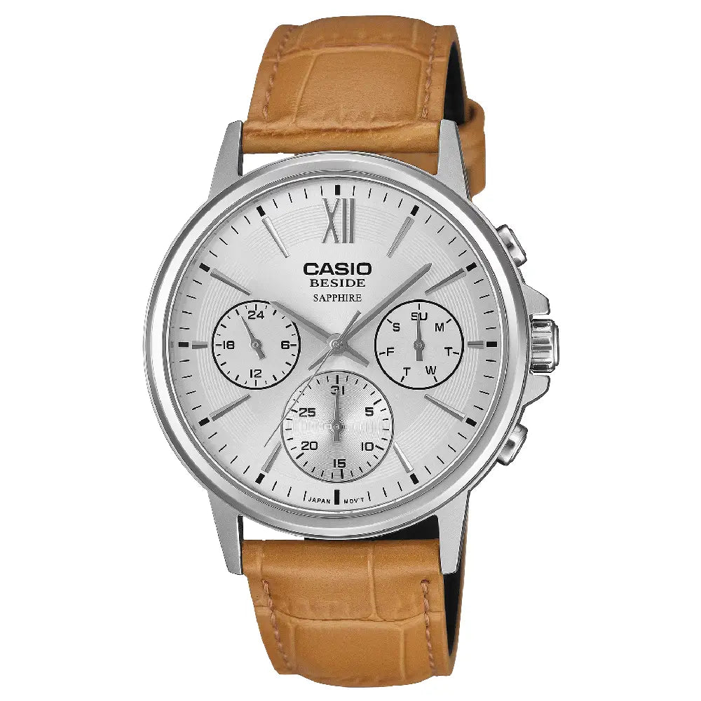 Casio Beside Sapphire Multi-Hand BMS-300L-5A Silver Dial 40.7mm Leather Strap Men's Watch