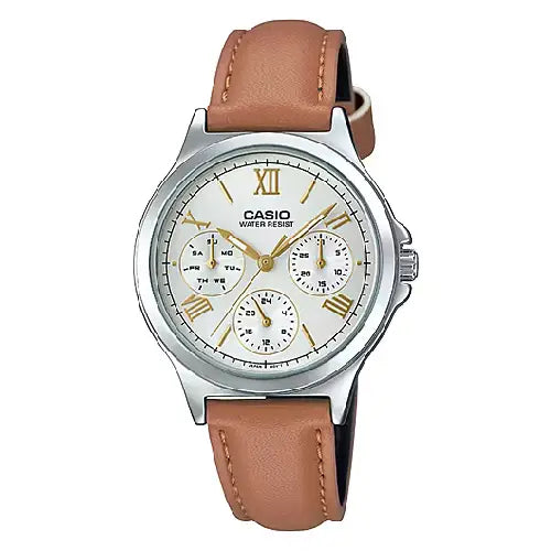 Casio Enticer Analog MTP-V300L-7A2UDF Multi-Dial Silver Dial 41.5mm Leather Strap Men's Watch